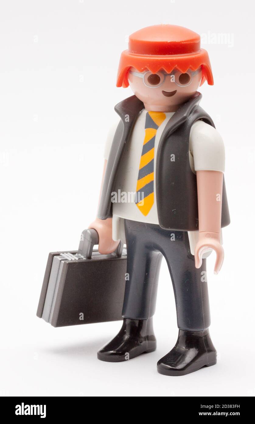 Playmobil Geschäftsmann Figur isoliert auf weißem Hintergrund Stockfoto
