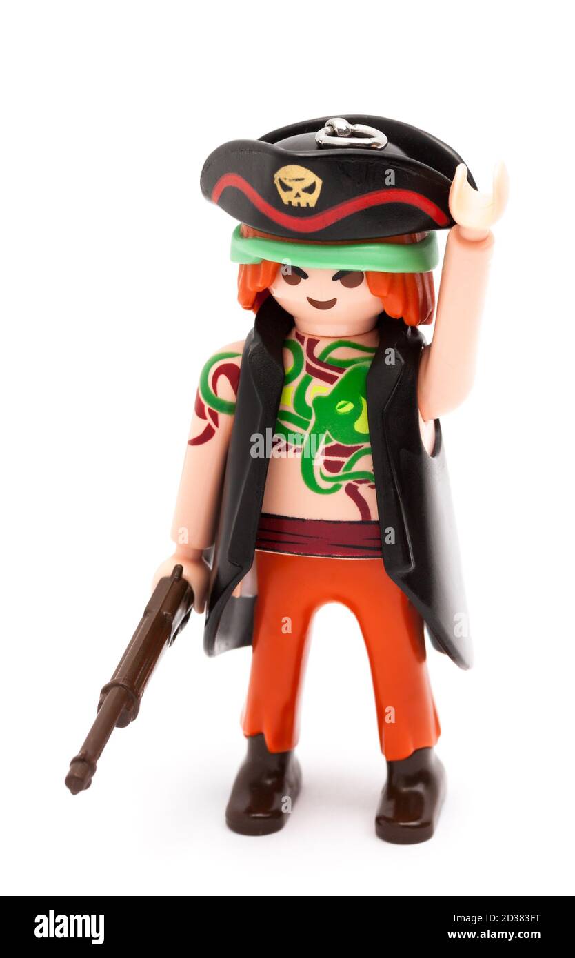 Playmobil Pirate Figur isoliert auf weißem Hintergrund Stockfoto