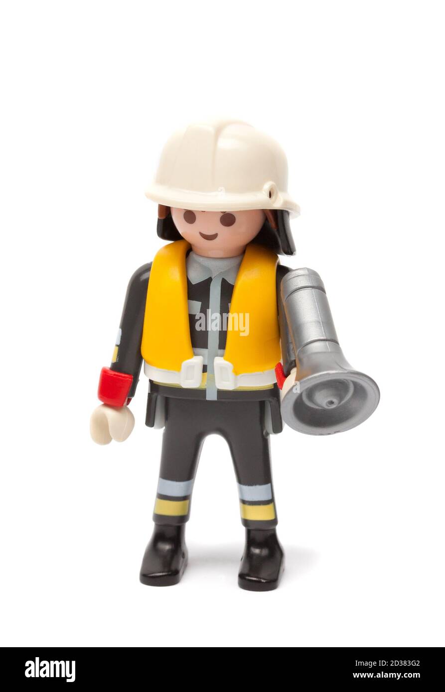 Playmobil Rescuer Figur isoliert auf weißem Hintergrund Stockfoto