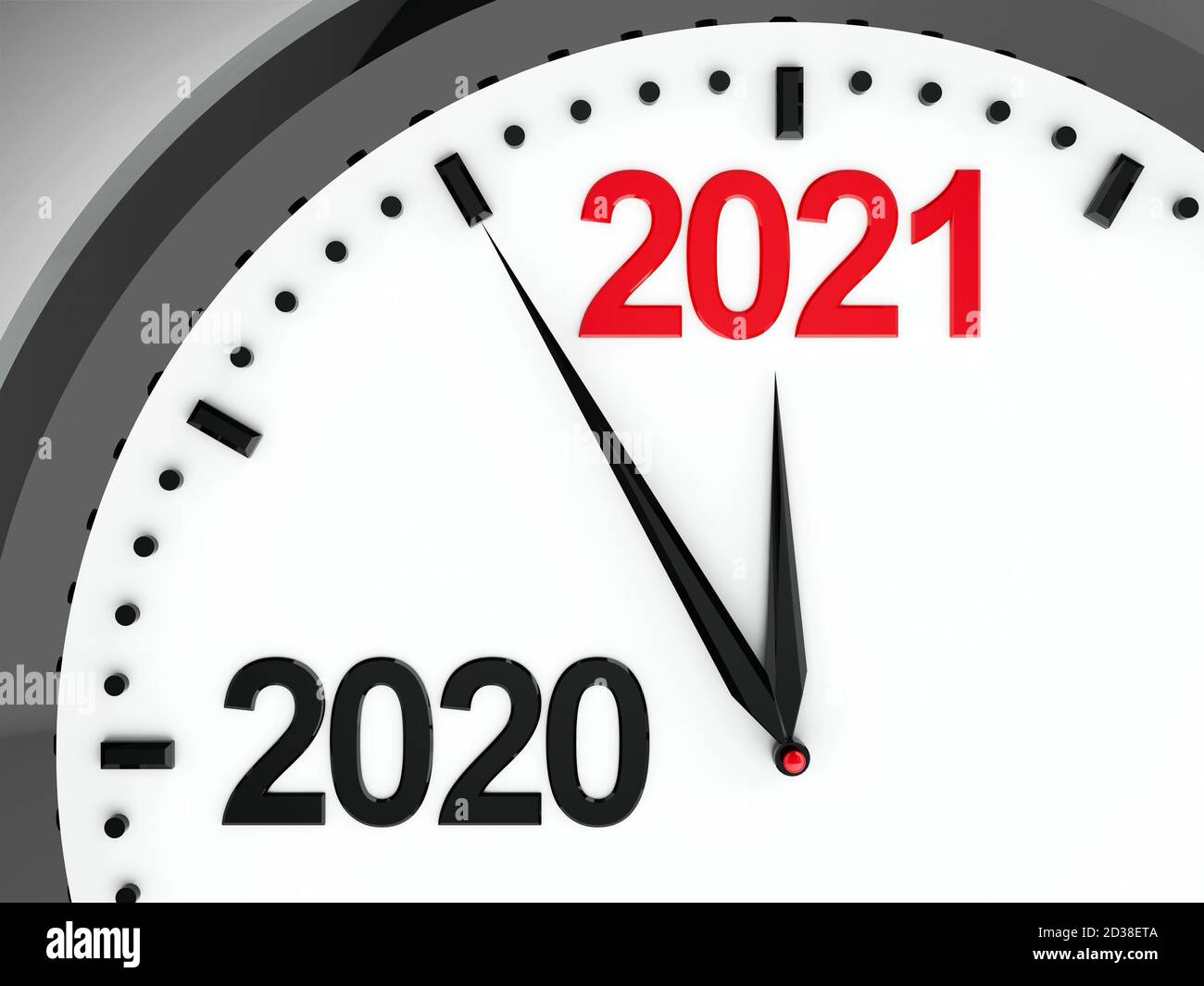 Schwarze Uhr mit 2020-2021 Änderung stellt kommendes neues Jahr 2021, dreidimensionales Rendering, 3D-Illustration dar Stockfoto