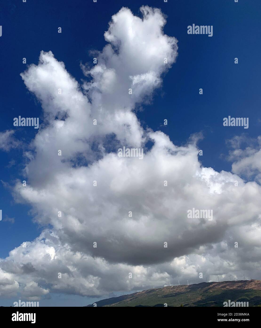 Riesige flauschige weiße Wolke im blauen Himmel, malerische Wolkenlandschaft am Sommerhimmel. Sommer Cumulus Wolken. Stockfoto