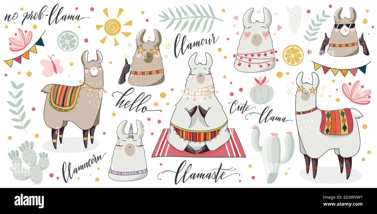 Niedliche lama und Kaktus Sommer Illustration Set. Alpaca handgezeichnete Zeichentrickfiguren mit Schriftzügen. Vektorelemente für Karten- und Stickerdesign Stock Vektor