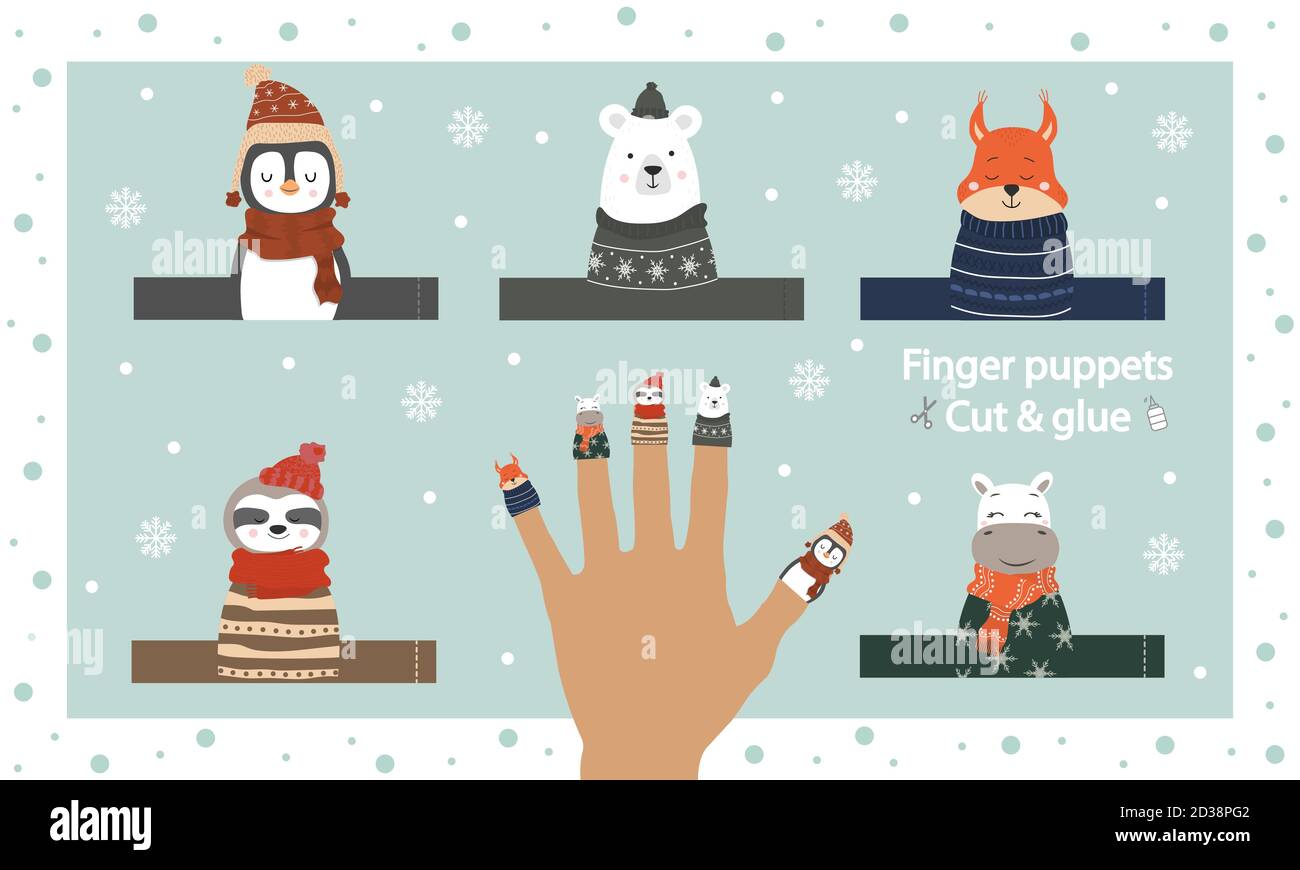 Fingerpuppentheater. Schablone ausschneiden, kleben und spielen. Zoo-Puppen für Vorschule oder Schule. Arbeitsblatt für Spiele und Bildung. Winter Tiere Puppe Stock Vektor