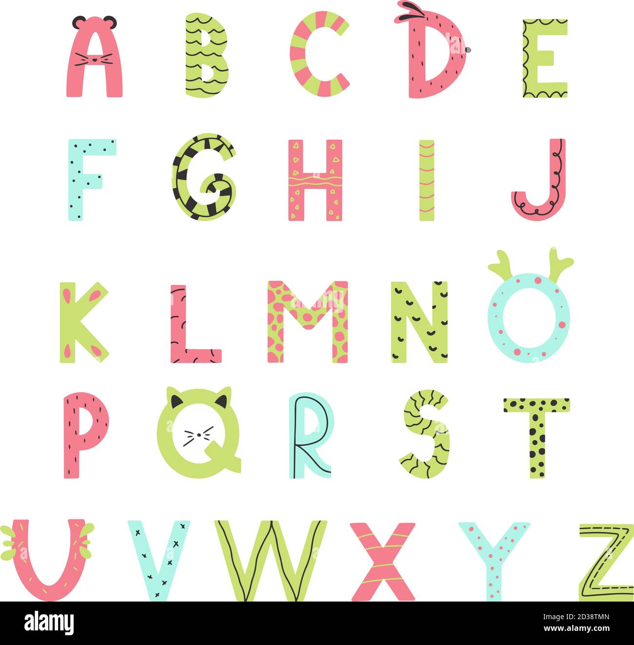 Skandinavischen Stil Alphabet Set mit bunten kindischen Buchstaben isoliert auf weißem Hintergrund. Handgezeichnete Vektorgrafik. Stock Vektor