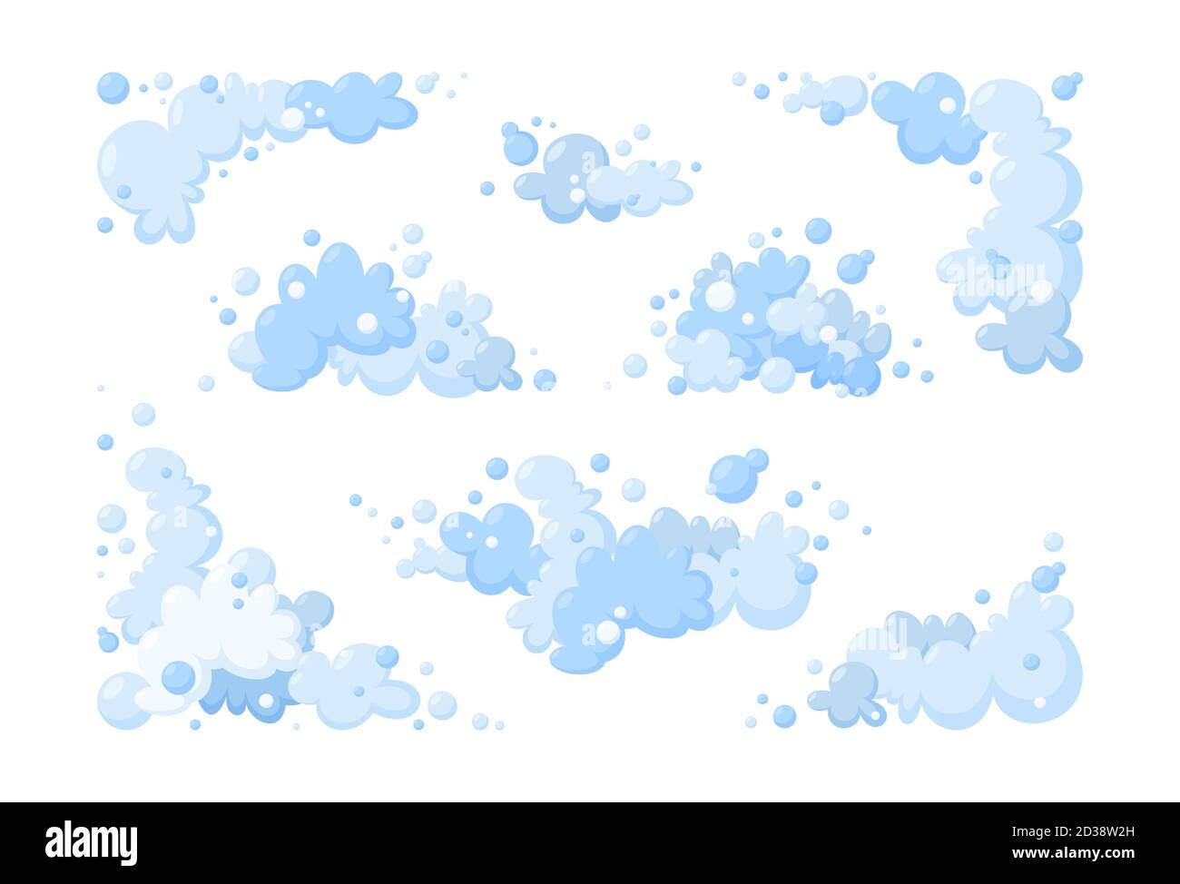 Schaum aus Seife oder Wolken. Großer Satz von hellblauem Schaum und Blasen in verschiedenen Formen. Wolkiger Rahmen und Ecken. Vektorgrafik im Cartoon-Stil Stock Vektor