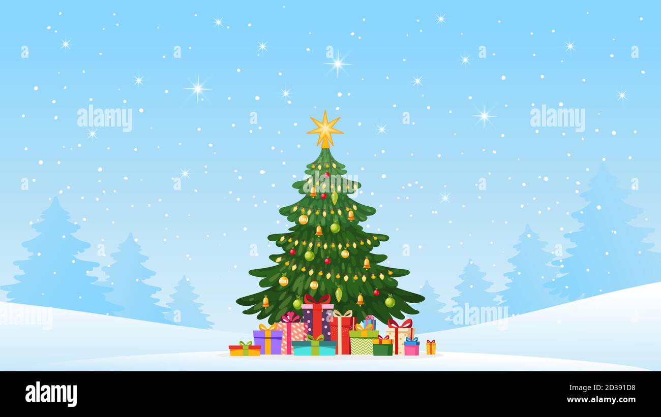 Moderne Weihnachtskarte mit Kopierplatz. Geschmückter Weihnachtsbaum mit Geschenken auf dem Hintergrund einer Winterlandschaft, Winterschnee. Flache Vektorgrafik für Design Stock Vektor