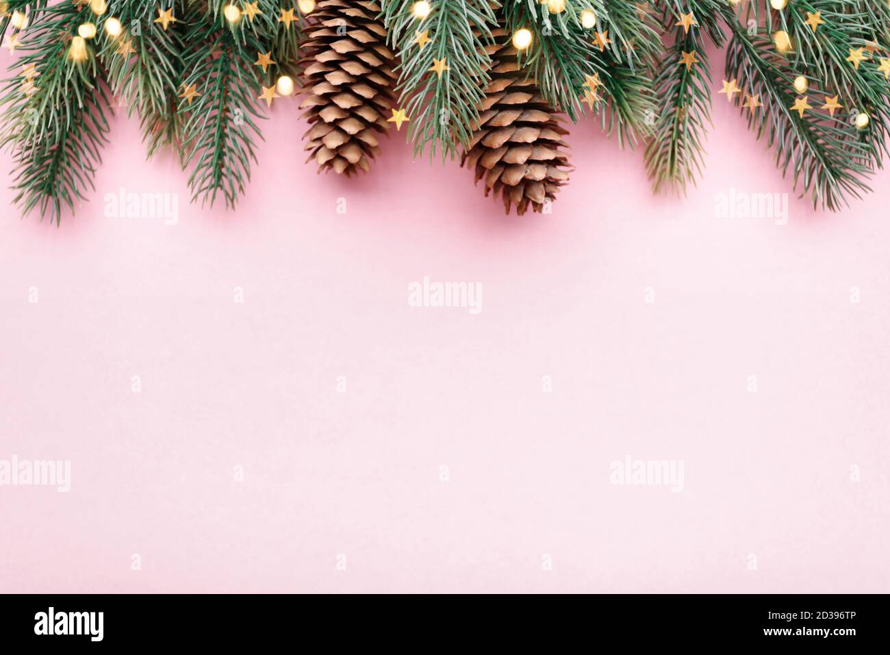 Weihnachtliche Umrandung mit Tannenzweigen und Nadelholzzapfen auf Pastell Rosa Hintergrund Stockfoto