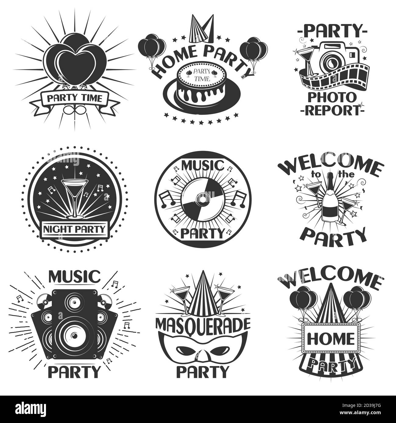 Vector Party Set von Emblemen, Abzeichen, Aufkleber oder Banner