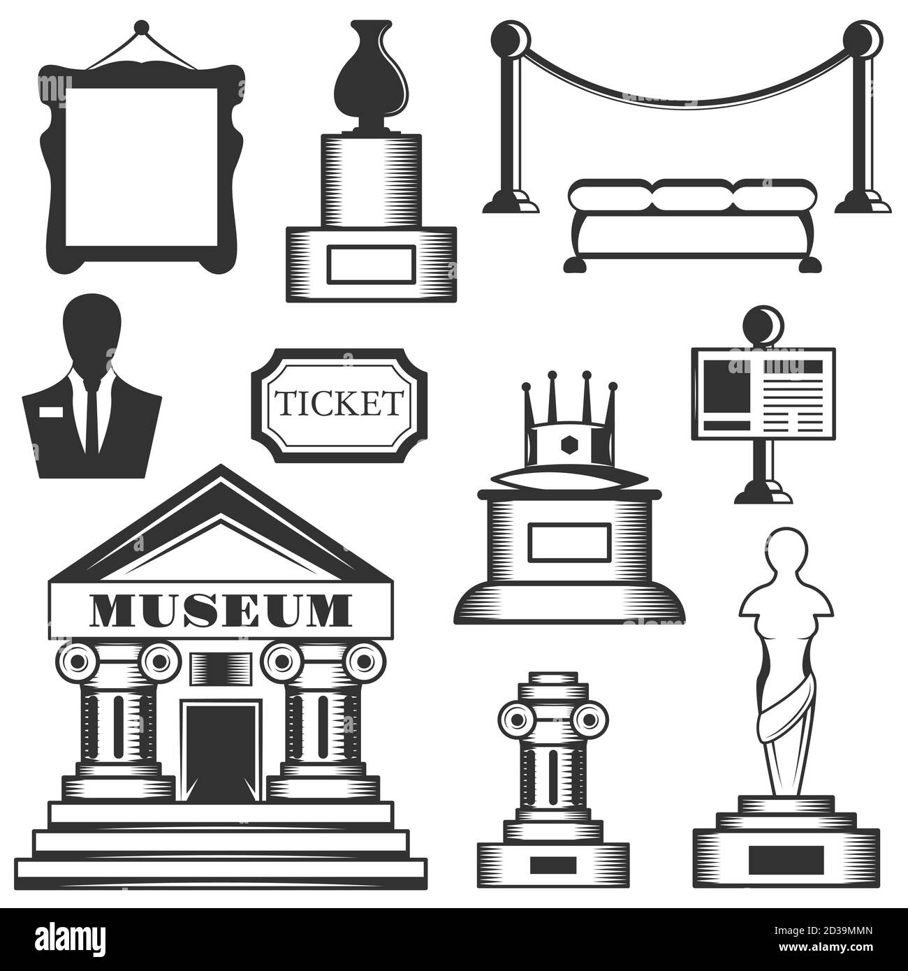 Vektor-Set von Museum isoliert Ikonen. Schwarz-weiße Museumssymbole und Designelemente. Stock Vektor