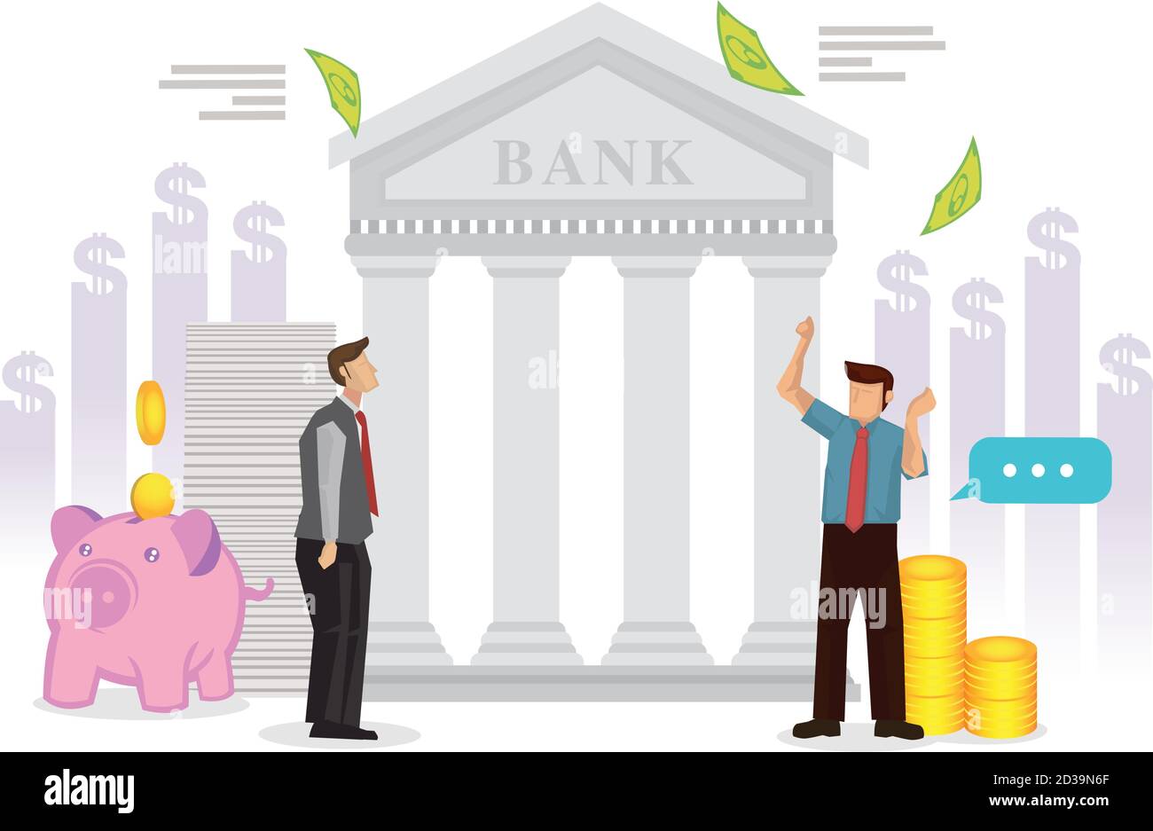 Bankgebäude mit Geschäftsleuten. Konzept der Bankfinanzierung, Geldwechsel oder Finanzdienstleistungen. Vektor-flache Abbildung auf weißem Hintergrund. Stock Vektor