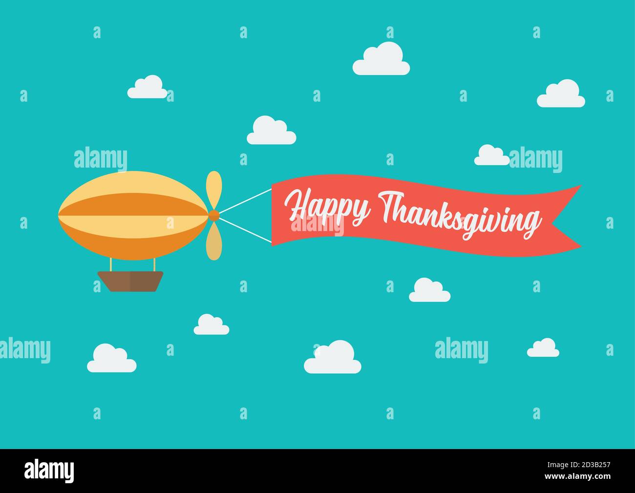 Luftschiff zieht das Banner mit dem Wort Happy Thanksgiving darauf. Flaches Design. Vektorgrafik Stock Vektor