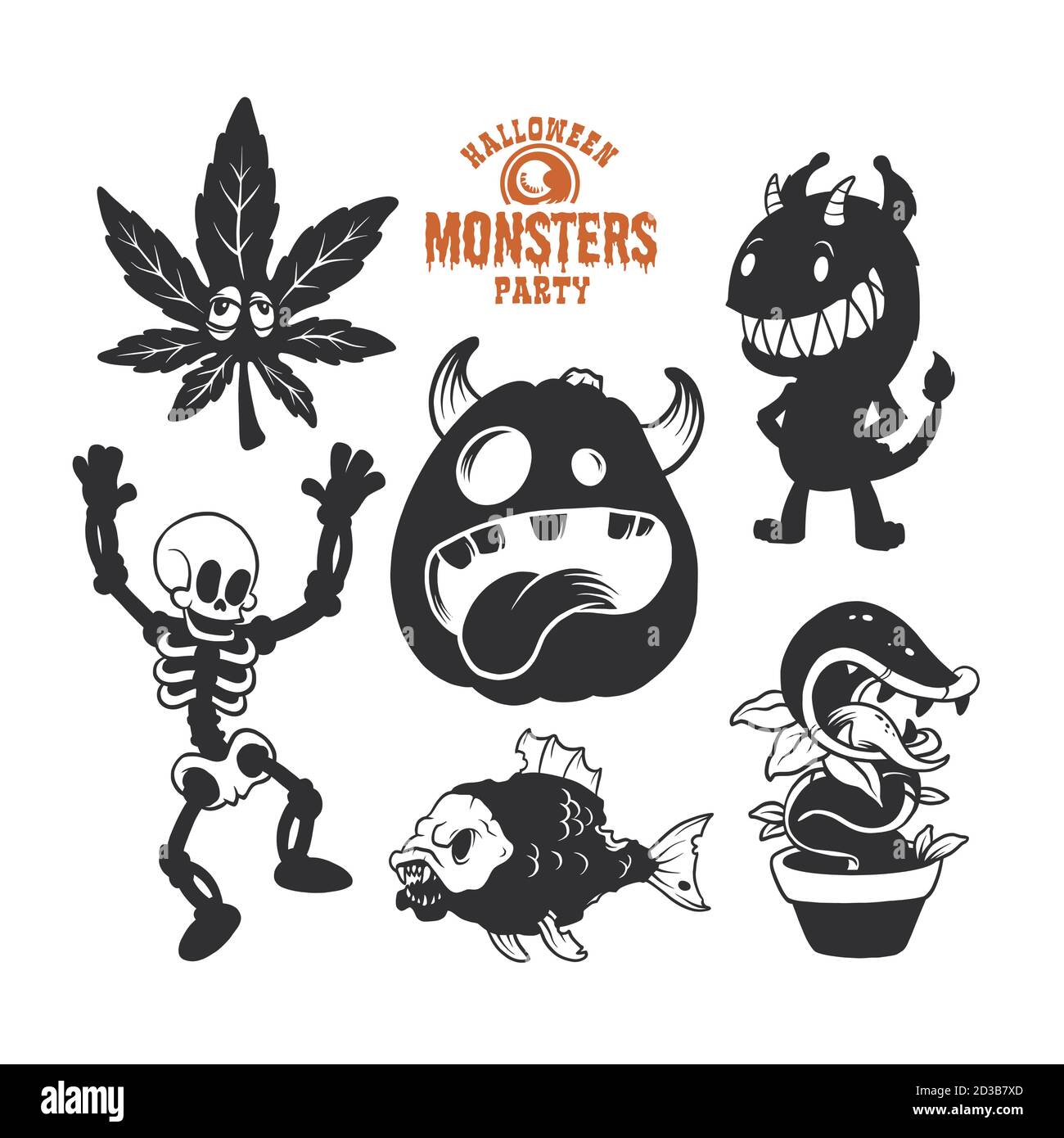 Set von mystischen Kreaturen für Halloween. Eine Kollektion von schwarzen Silhouetten auf hellem Hintergrund. Vektor-Illustration von Monstern. Stock Vektor