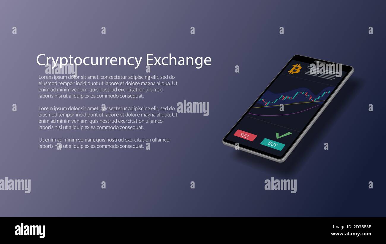 Website-Header-Mockup für Kryptowährungsbörse mit realistischem isometrischem Smartphone mit Aktienchart und Bitcoin-Symbol auf dem Bildschirm. Vektor EPS10. Stock Vektor