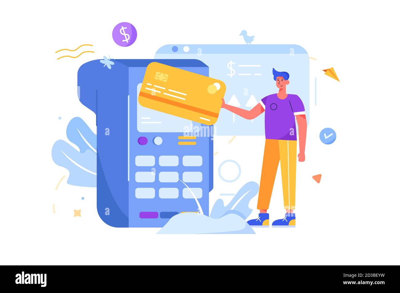 Guy zahlt per Karte durch Terminal in flachem Stil Stock Vektor