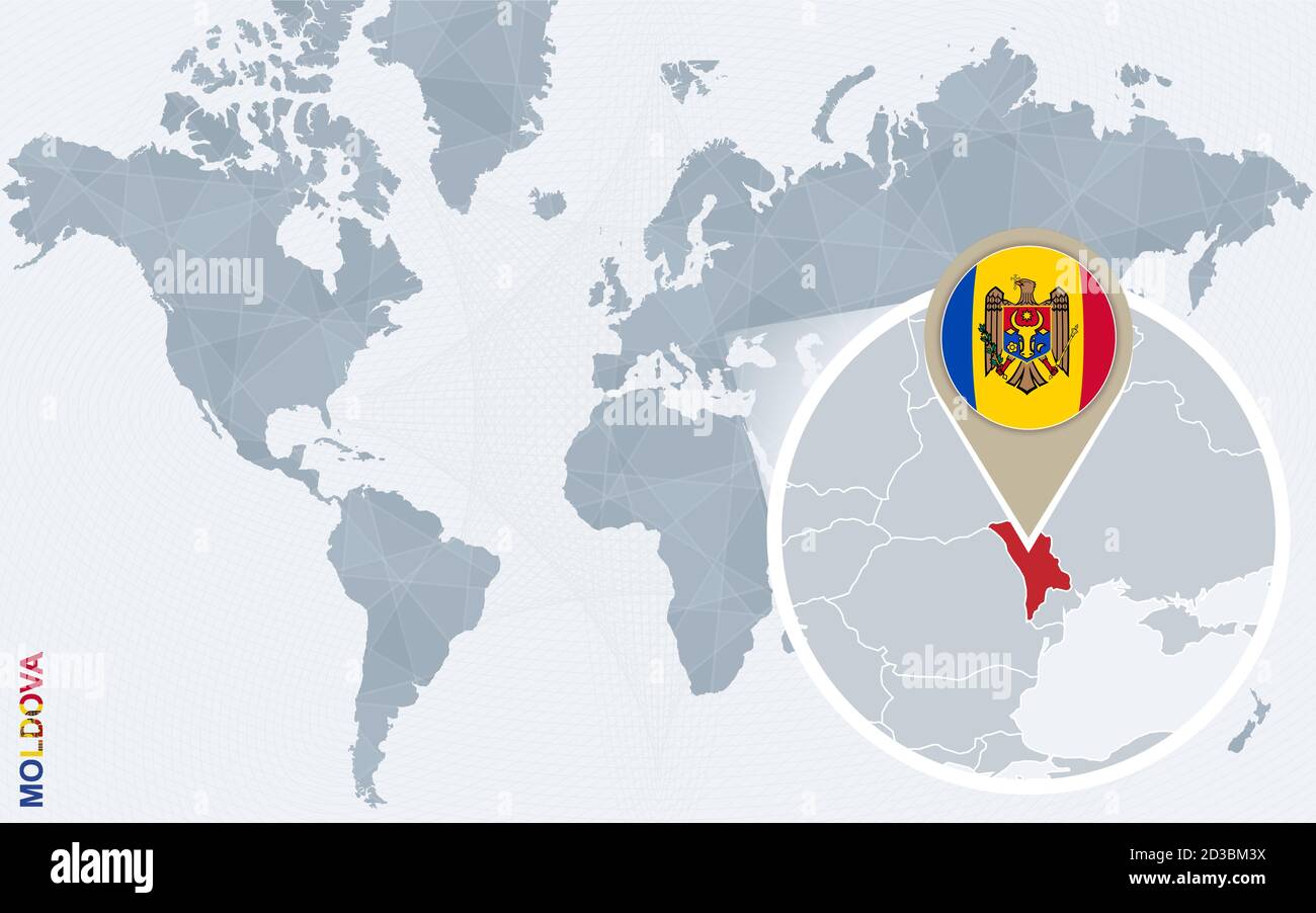 Abstrakte blaue Weltkarte mit vergrößerter Moldawien. Moldawien Flagge und Karte. Vektorgrafik. Stock Vektor