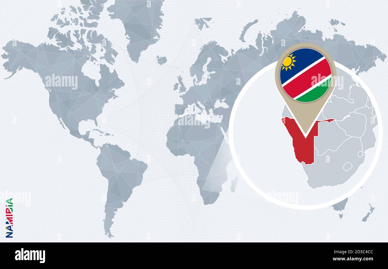 Abstrakte blaue Weltkarte mit vergrößerten Namibia. Namibia Flagge und Karte. Vektorgrafik. Stock Vektor