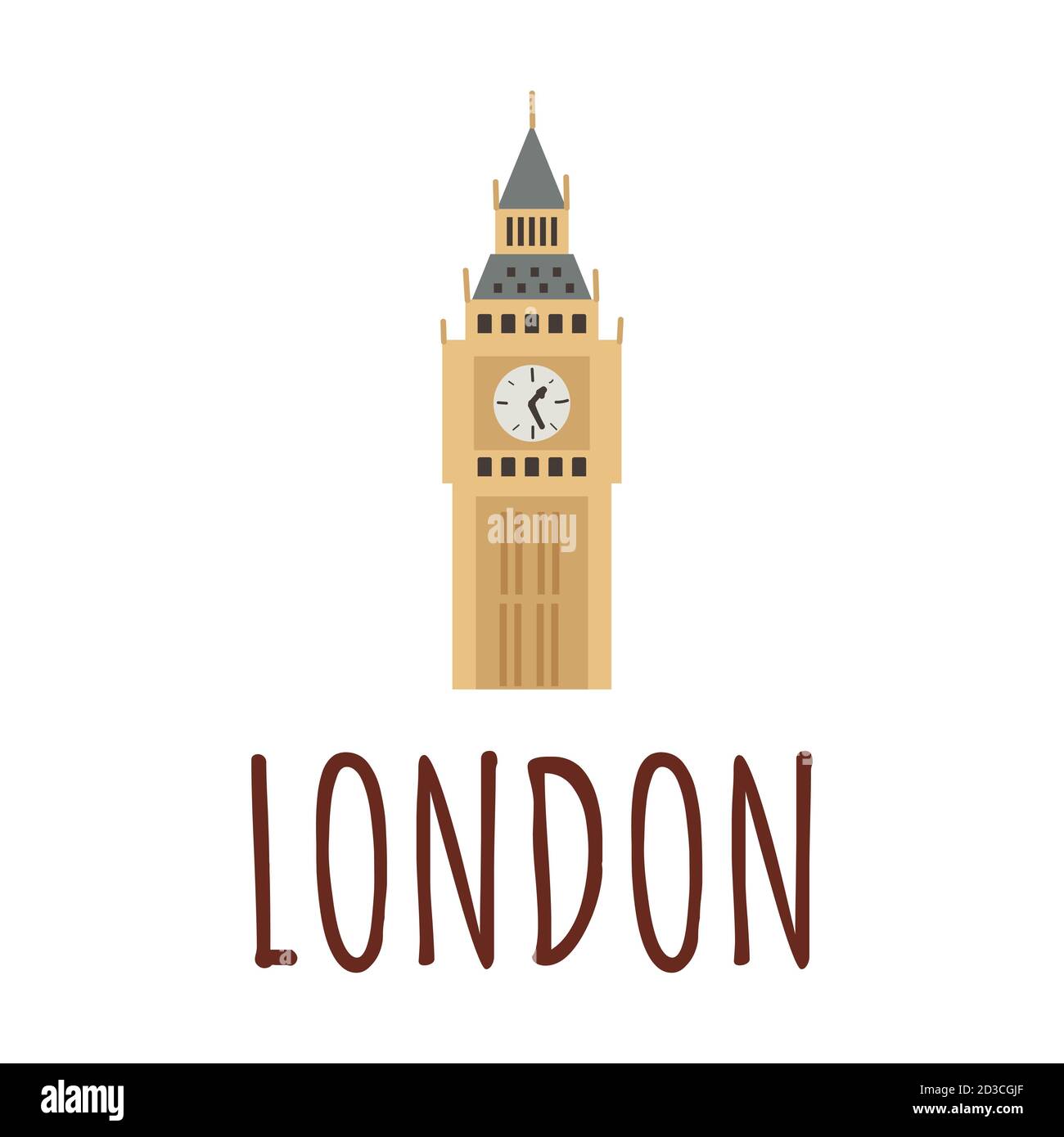 Das Wahrzeichen Londons ist der Big Ben Clock Tower. Farbige Vektordarstellung isoliert auf weißem Hintergrund. Schriftzug London. Stock Vektor