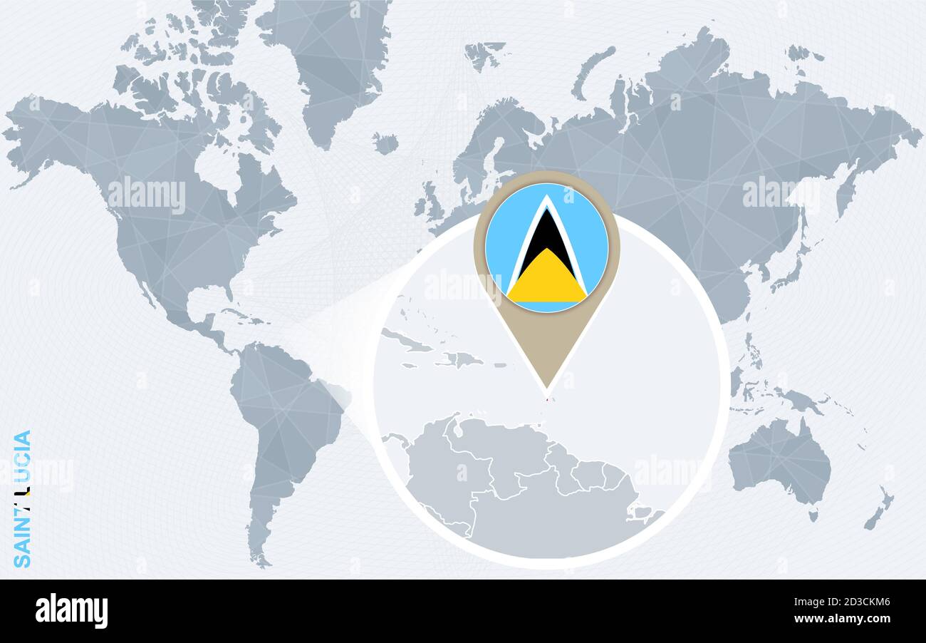 Abstrakte blaue Weltkarte mit vergrößerter St. Lucia. St. Lucia Flagge und Karte. Vektorgrafik. Stock Vektor