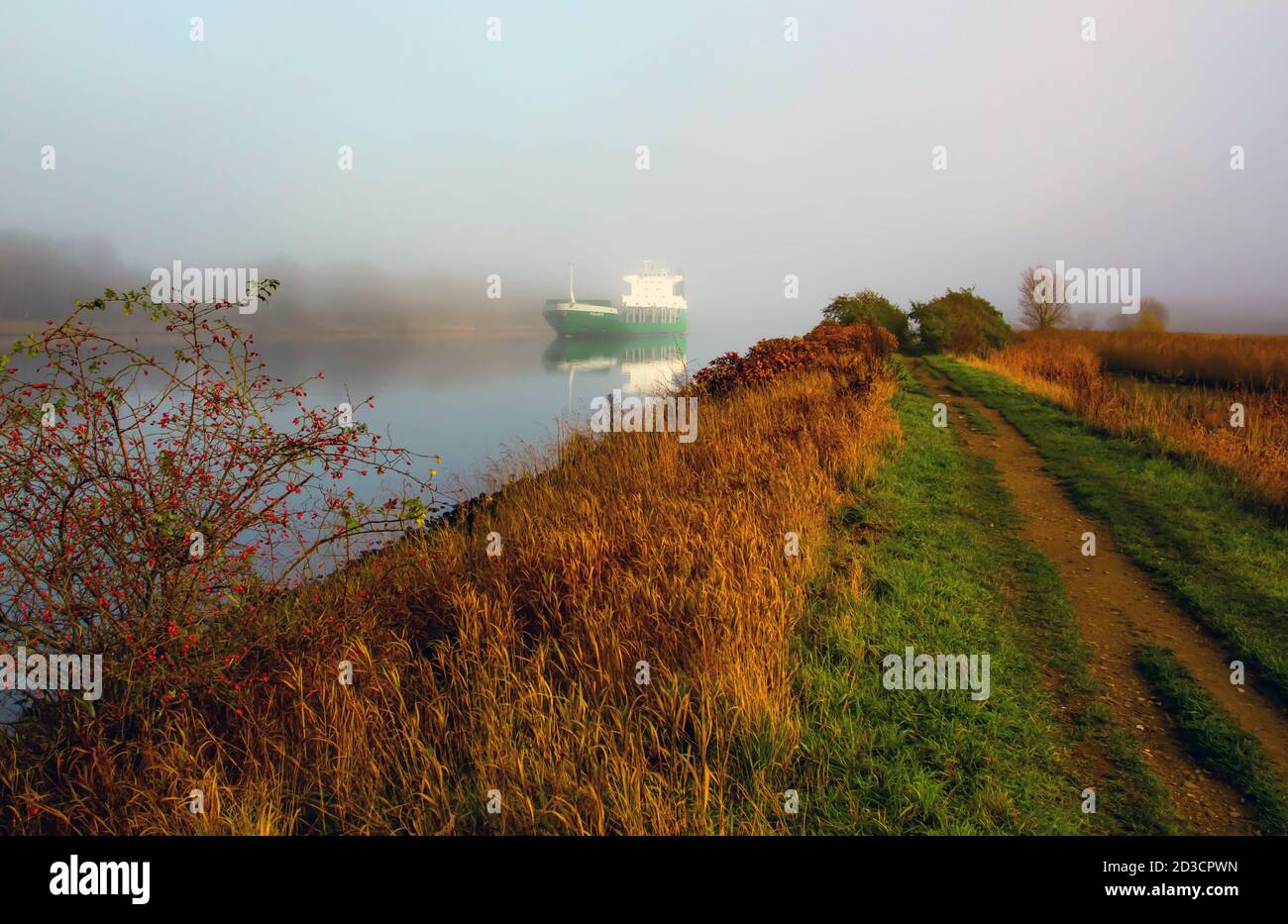 Das Schiff - Polaris VG - erschien aus dem nichts. Er fuhr auf der Trave im Nebel. Stockfoto