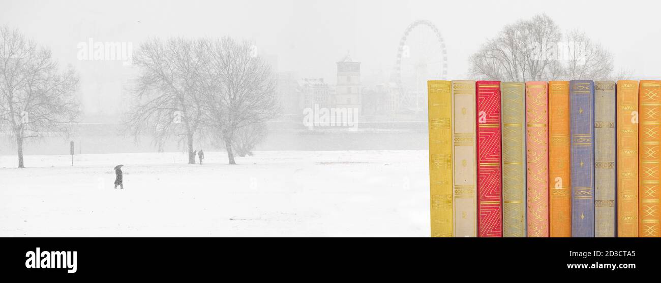 Bücher lesen im Winterkonzept, Reihe von Bboks und verschneite Landschaft im Hintergrund, Panorama große Kopiefläche Stockfoto