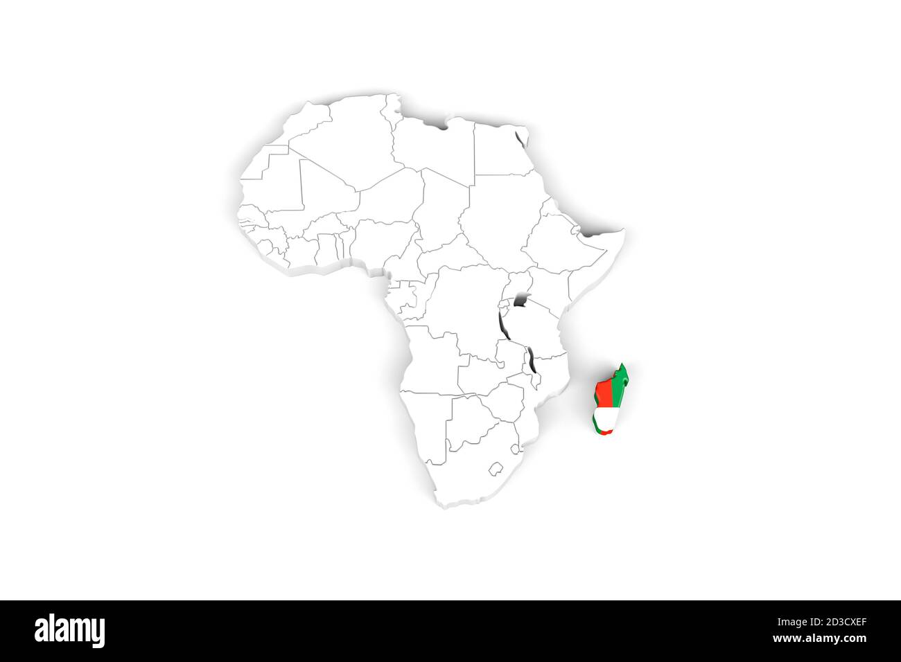 Afrika 3d Karte mit markierten Grenzen - Madagaskar Gebiet markiert Mit Madagaskar Flagge - isoliert auf weißem Hintergrund - 3D Abbildung Stockfoto