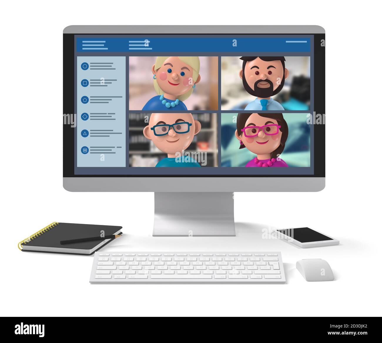 Glückliche Mitglieder des Remote-Geschäftsteams treffen sich online auf dem Desktop 3D-Zeichendarstellung der Anwendung Stockfoto