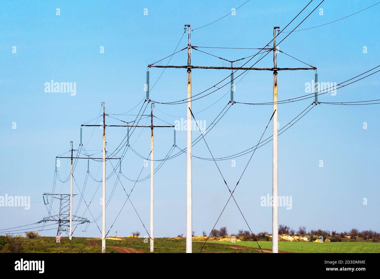 Hochspannungsleitungen in einem Feld an einem Sommertag Stockfoto