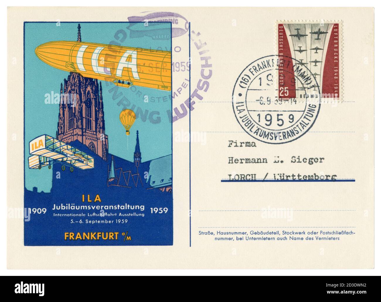Frankfurt, DEUTSCHLAND – 6. September 1959: Historische Postkarte: 50 Jahre Internationale Luft- und Raumfahrtausstellung ILA Air Show, Westdeutschland Stockfoto