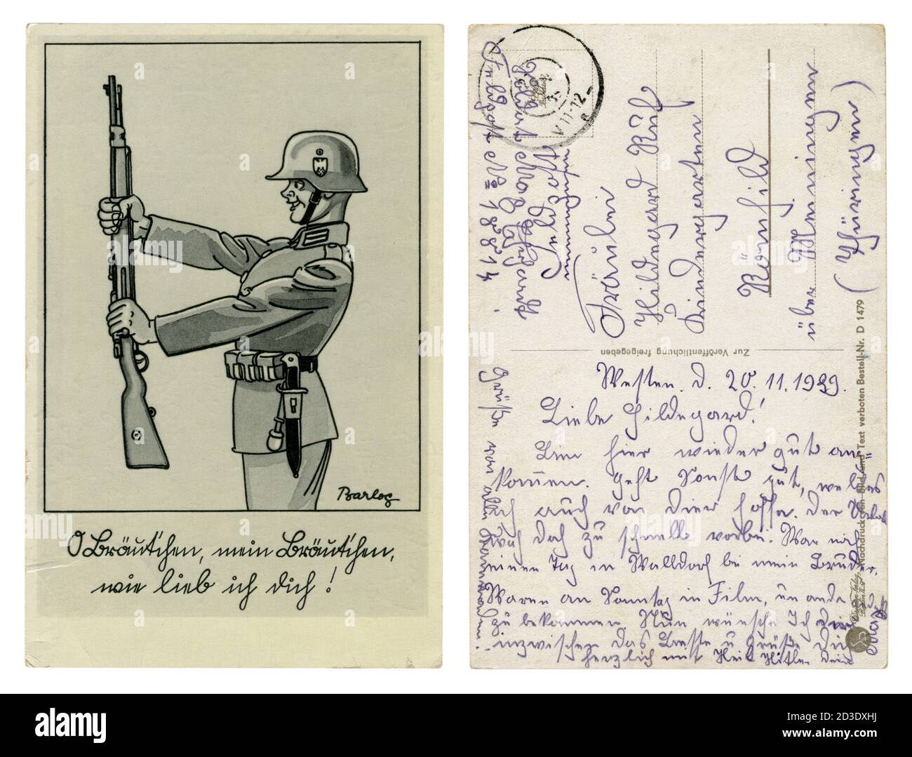 Deutsche historische Postkarte: Lächelnder Wehrmachtsoldat, mit Karabiner 98k in voller Ausrüstung, Stahlhelm, satirische Serie, Künstler Barlog, Deutschland, 1939 Stockfoto