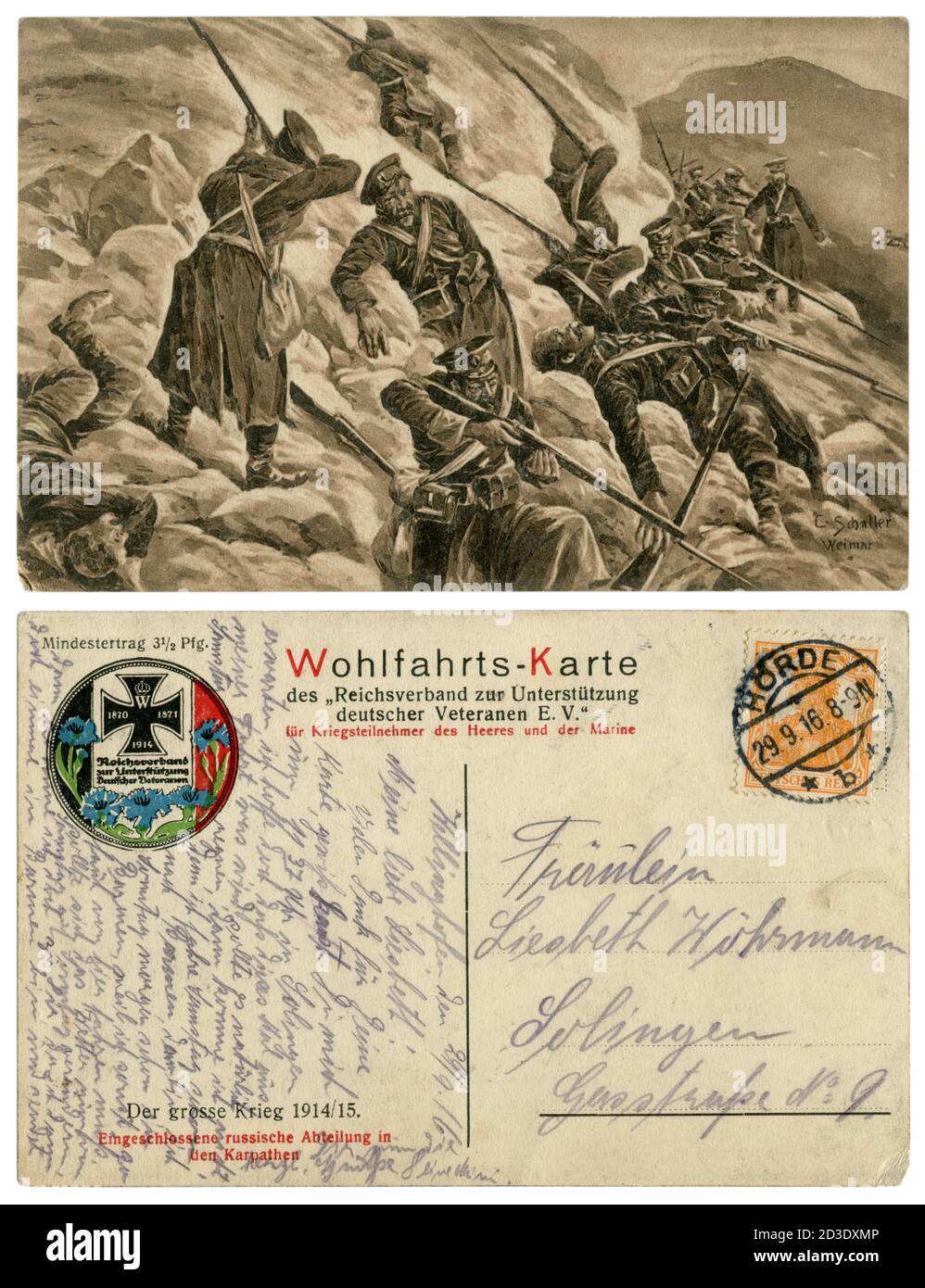 Deutsche Propaganda historische Postkarte: Niederlage der umgebenen russischen Teilung in den Karpaten. Soldaten kämpfen bis zum letzten Atemzug. 1915 Stockfoto