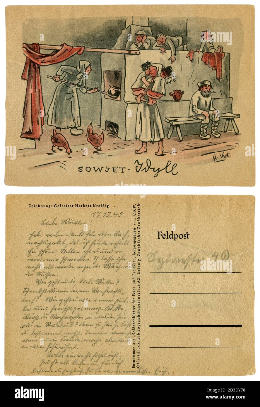 Deutsche historische Postkarte: 'Soviet Idylle'. Karikatur einer großen Familie mit Kindern in einer Hütte, in der Nähe eines russischen Ofens, der Sowjetunion, 1941 Stockfoto