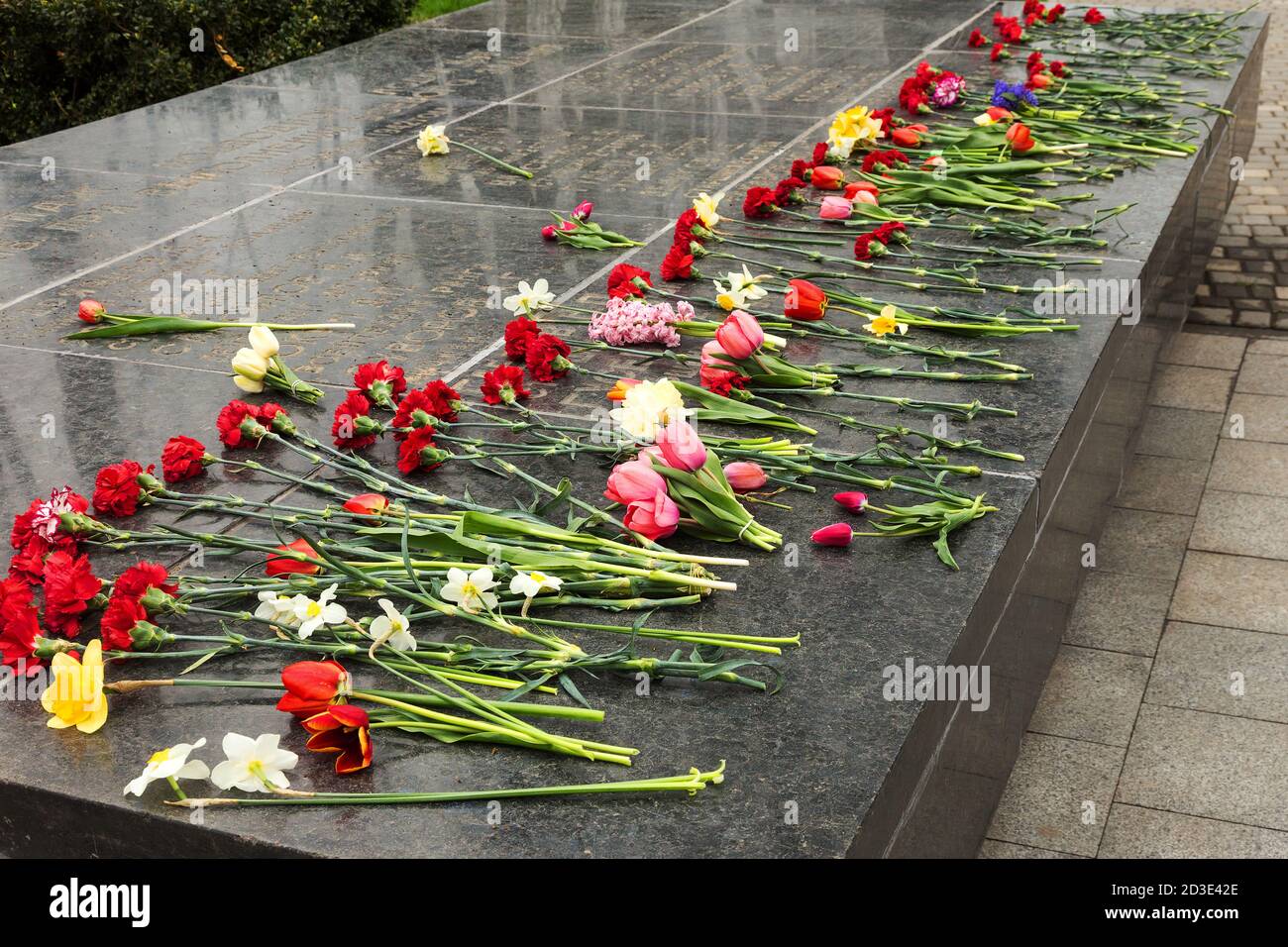 Blumen liegen auf der Granitplatte Denkmal für Soldaten Stockfoto