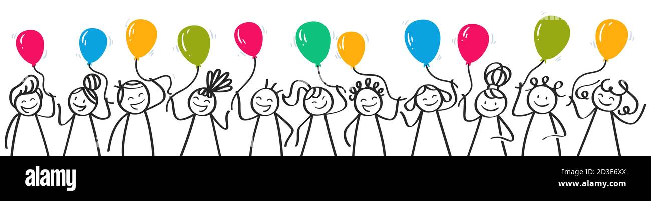 Horizontales Banner mit Cartoon-Stick-Figuren, lächelnde und lachende Kinder halten bunte Ballons feiern, Geburtstagsfeier Stock Vektor