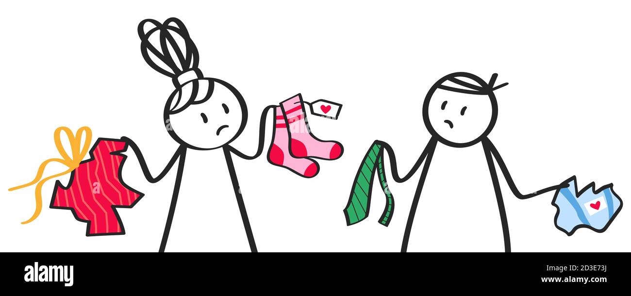 Lustige Karikatur von Stick Menschen Mann und Frau enttäuscht Beim Auspacken von Geschenken voneinander Stock Vektor