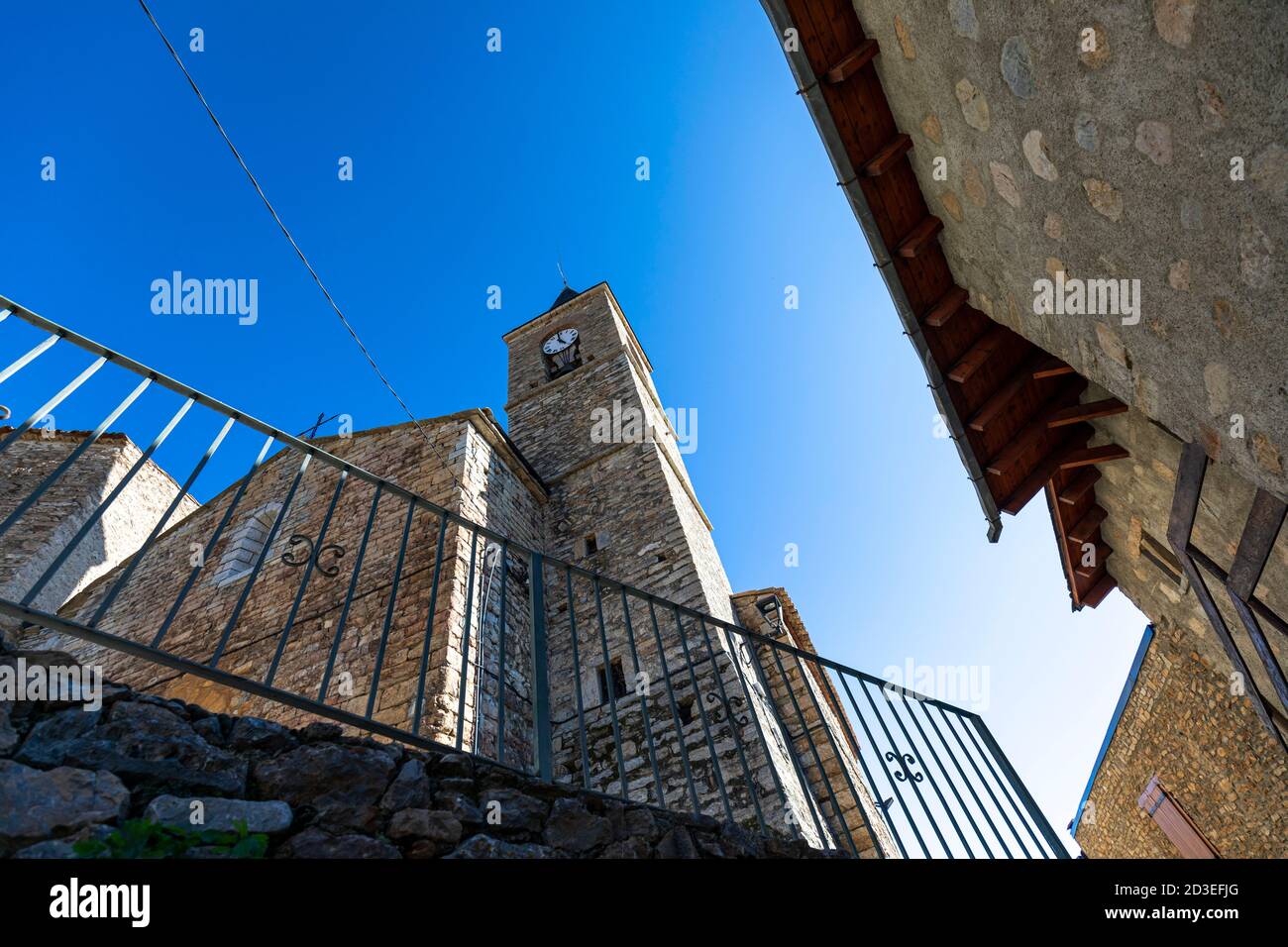 Kirchturm Prullans, Cerdanya. Stockfoto