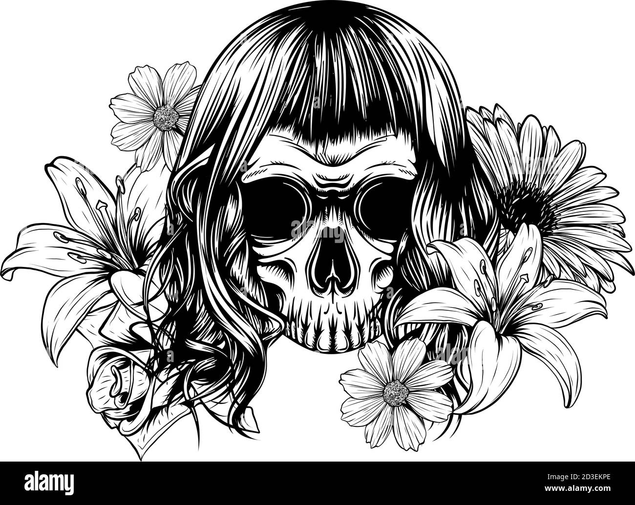 Mädchen mit Skelett bilden handgezeichnete Vektorskizzen. Stock Vektor