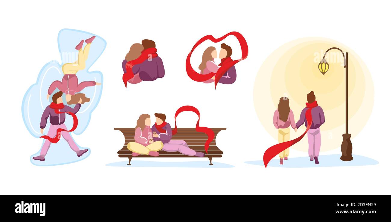 Junge glückliche Paar in der Liebe verbringen Zeit zusammen in verschiedenen Winter-Beziehungsszenen. Mann und Frau während romantische Datum. Vector Vale und weiblich zu Fuß, Umarmung und küssen in Park Illustration Stock Vektor