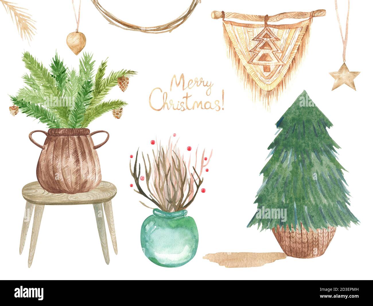 Moderne Boho Elemente des Innenraums. Home Dekor Macrame, Körbe mit Ästen, Holztisch und Stuhl isoliert auf weißem Hintergrund Stockfoto