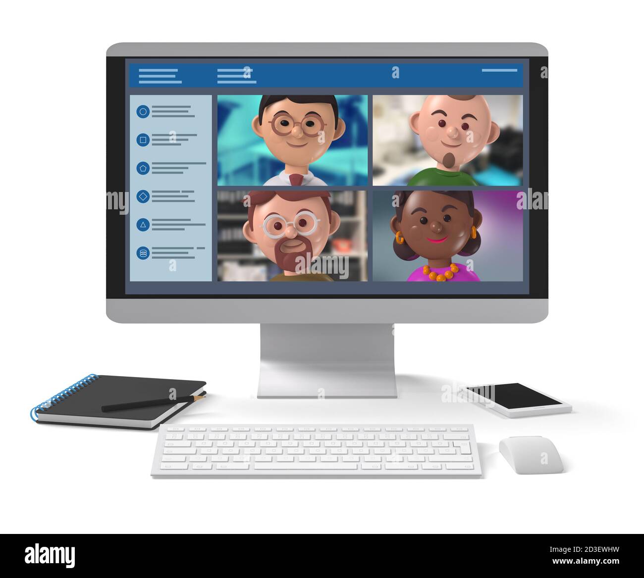 Verschiedene Mitglieder des Remote-Geschäftsteams treffen sich online auf dem Desktop Anwendung glücklich 3d Zeichen Illustration Stockfoto