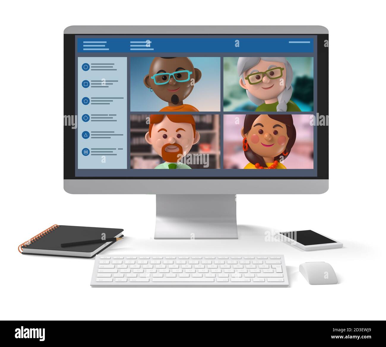 Verschiedene Mitglieder des Remote-Geschäftsteams treffen sich online auf dem Desktop Anwendung glücklich 3d Zeichen Illustration Stockfoto