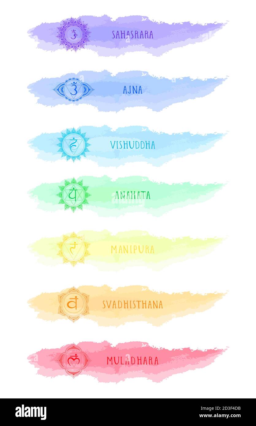 Vektor-Illustration von sieben Chakra-Symbole und Aquarell-Blots. Farbbild auf weißem Hintergrund. Stock Vektor