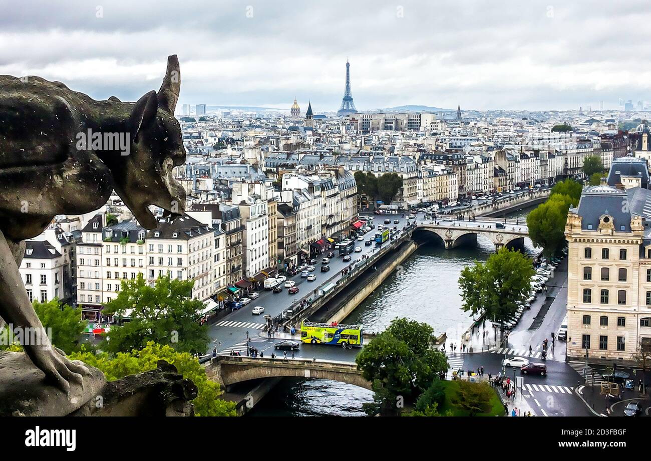 Mythische Kreatur Gargoyle auf Kathedrale Notre Dame de Paris. Stadtbild von Paris. Frankreich. Stockfoto