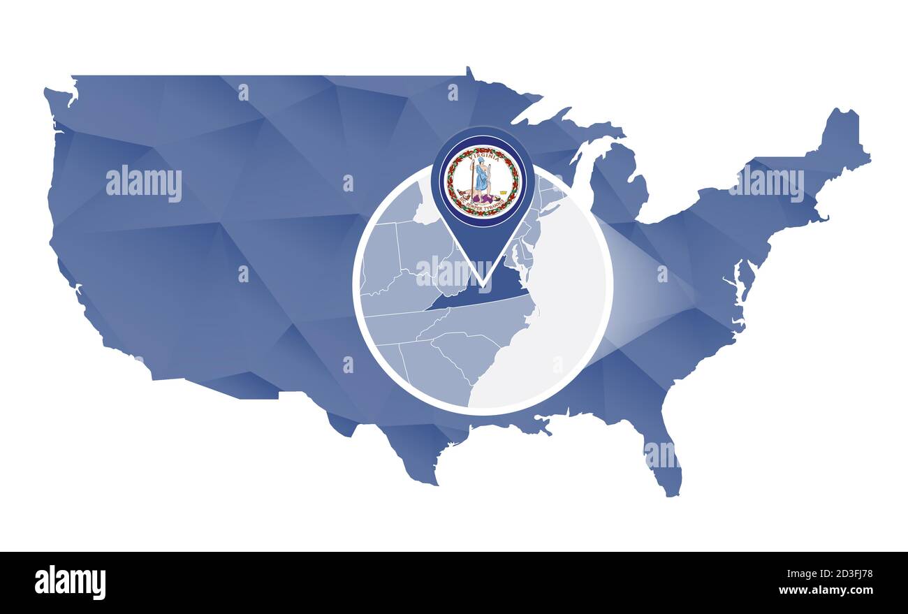 Virginia State vergrößert auf der Karte der Vereinigten Staaten. Abstrakte USA Karte in blauer Farbe. Vektorgrafik. Stock Vektor