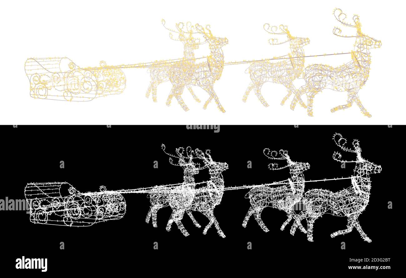 Isoliertes Objekt von Weihnachtsrentieren im Geschirr, mit Alpha-Kanal. Stockfoto