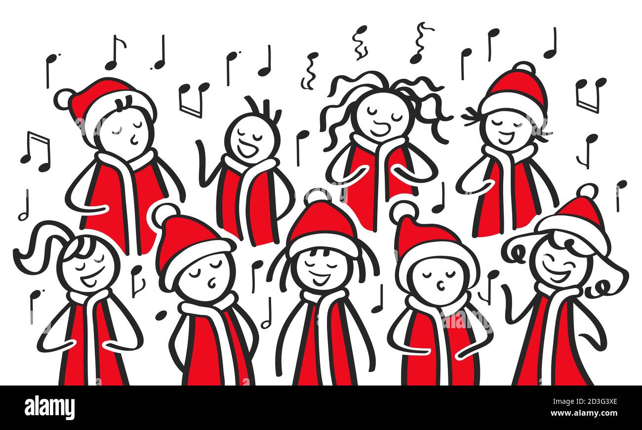 Lustige Cartoon-Gruppe von Weihnachtsliedern, singen in und aus Melodie,  Chor, Kinder in santa Kostüme Stock-Vektorgrafik - Alamy