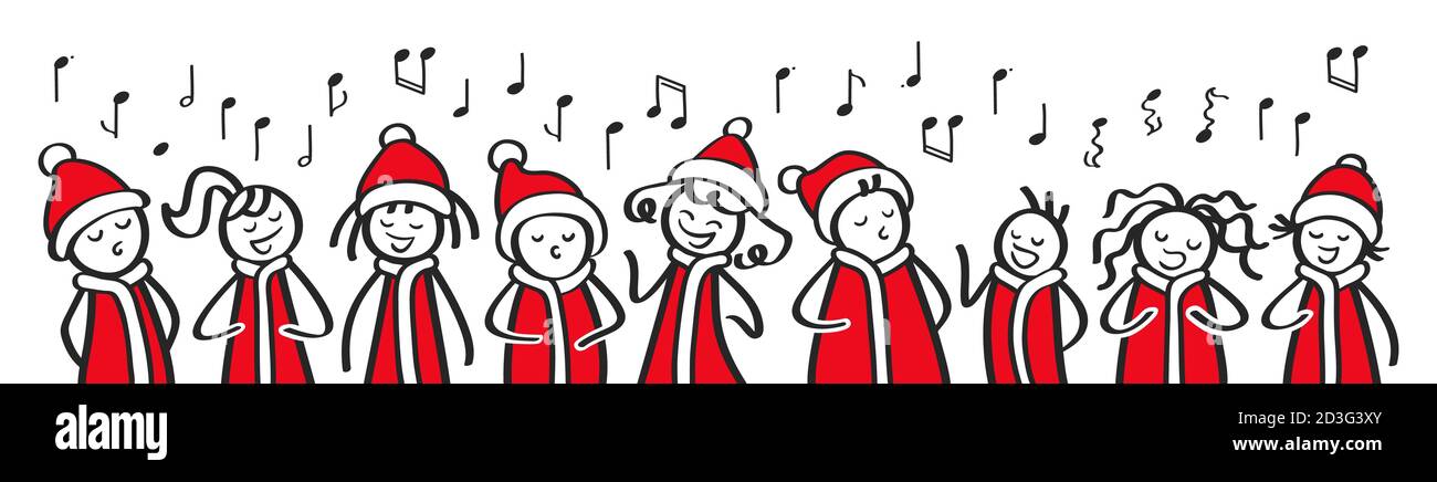 Lustige Cartoon Kinder tragen weihnachtsmann Kostüme singen Weihnachtslieder, horizontales Banner Stock Vektor