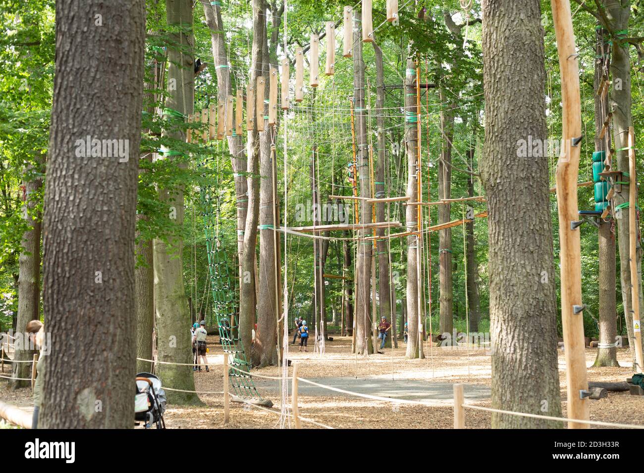 Seilgarten Hannover Deutschland. Nationalpark „Buchstabe-Parcours“. Baumropeclimbing Zentrum in Deutschland. Abenteuer Spaß Aktivitäten. Enteuer Stockfoto