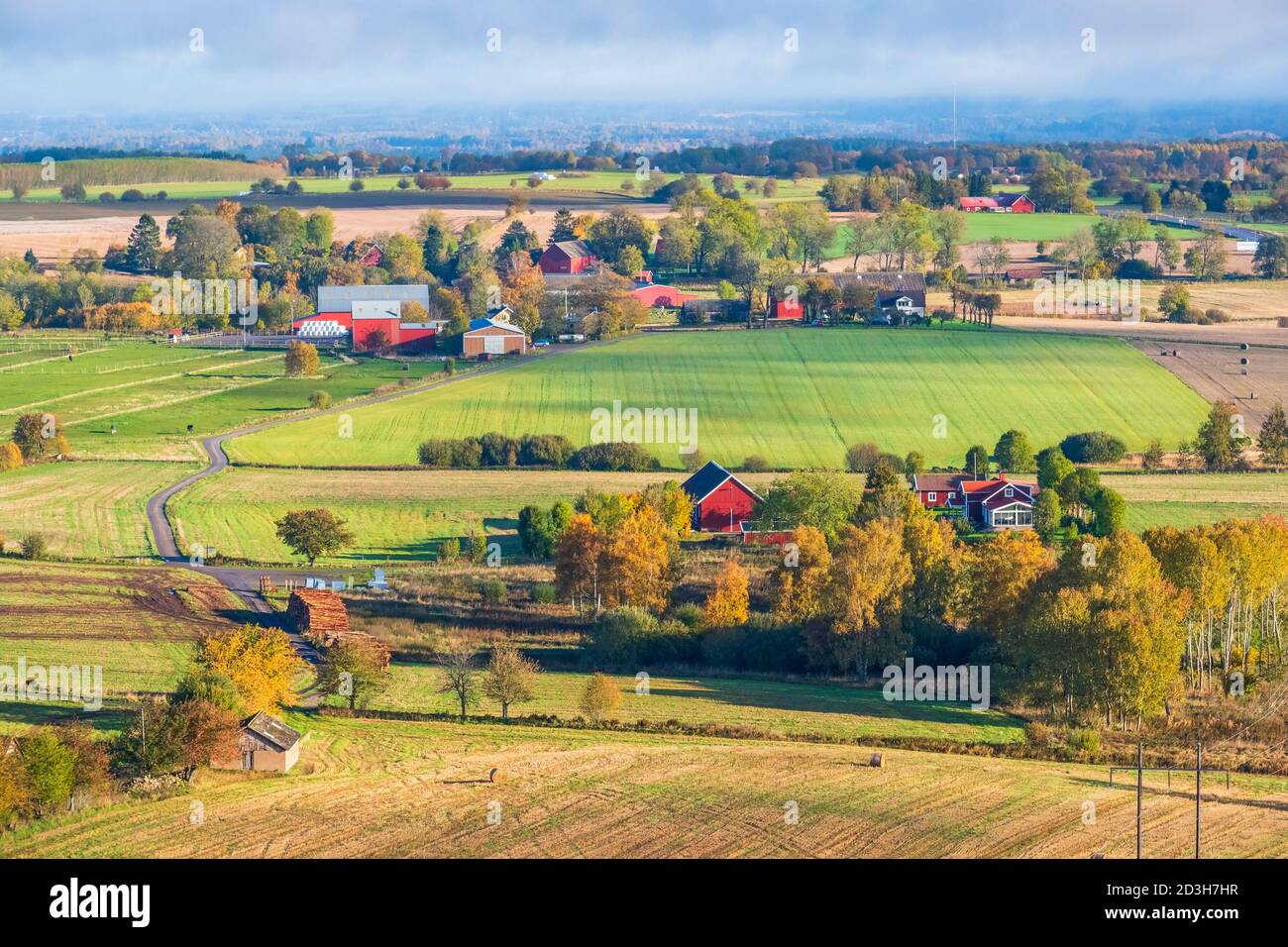Schwedische Landschaft mit Bauernhöfen und Feldern in Herbstfarben Stockfoto