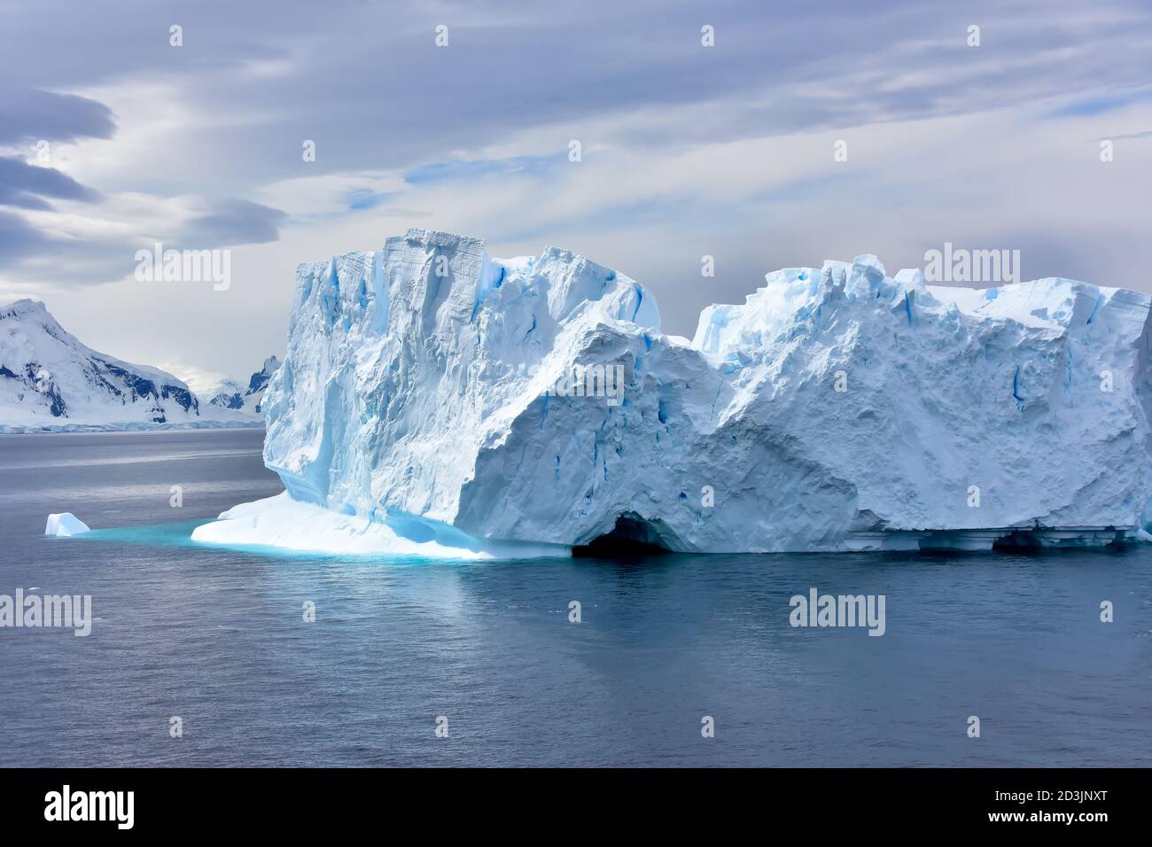 Ein schöner blauer Eisberg, der in der Antarktis schwimmt. Stockfoto