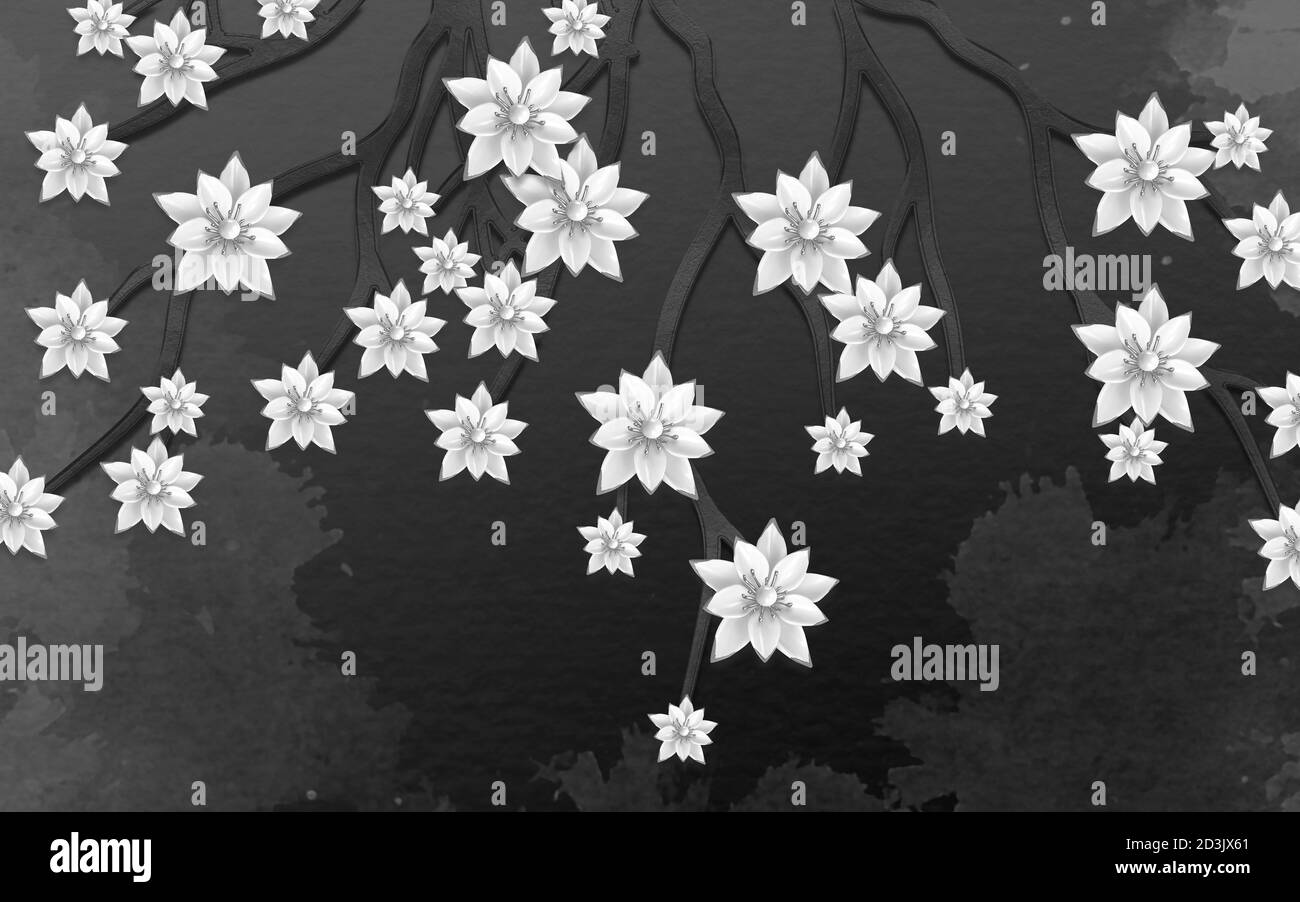 3d-Tapete mit weißer Blume und schwarzem Hintergrund Stockfoto
